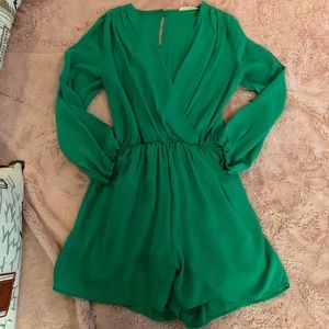 Green Long Sleeve Romper - Deep V Cut